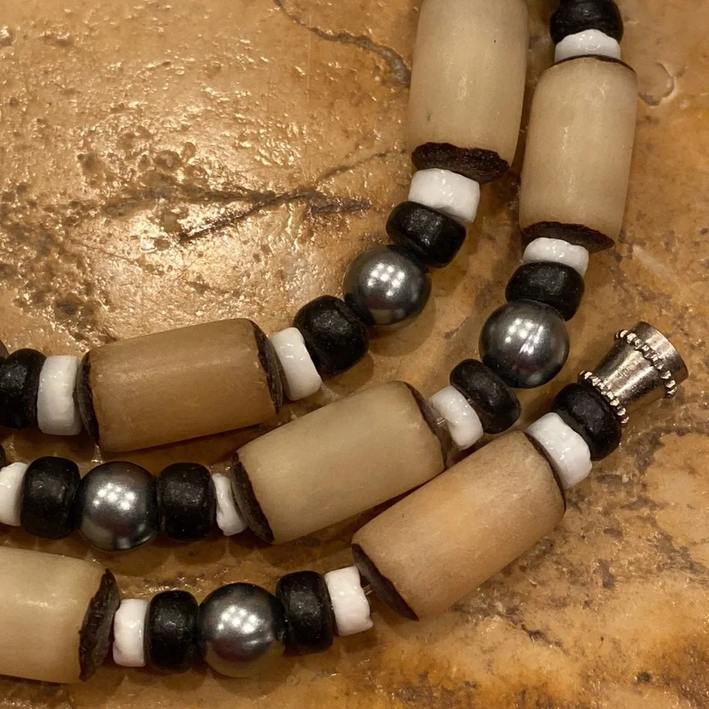 Coconut Wood Bead Necklace with Metal Spacer Accent Beads